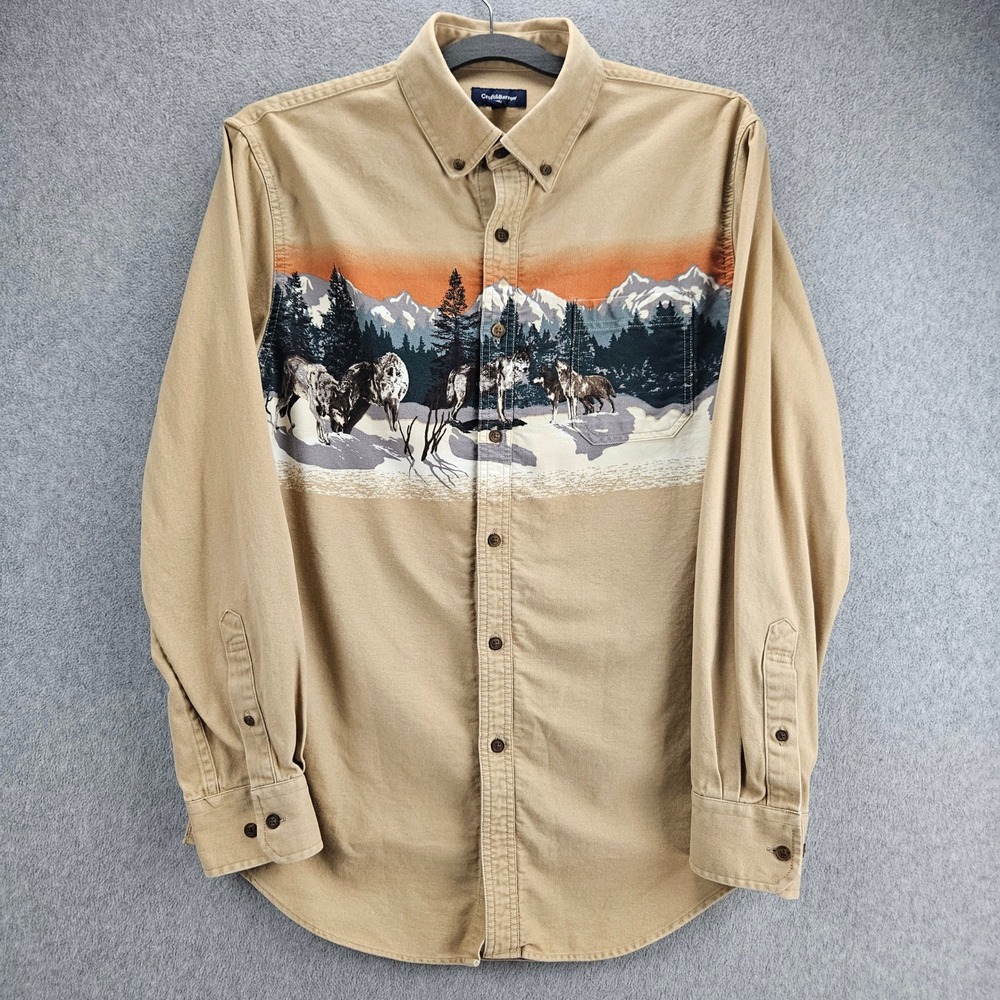 CROFT & BARROW Button Up Men M Tan Wolf Mountain Nature Graphic Cabin Outdoors